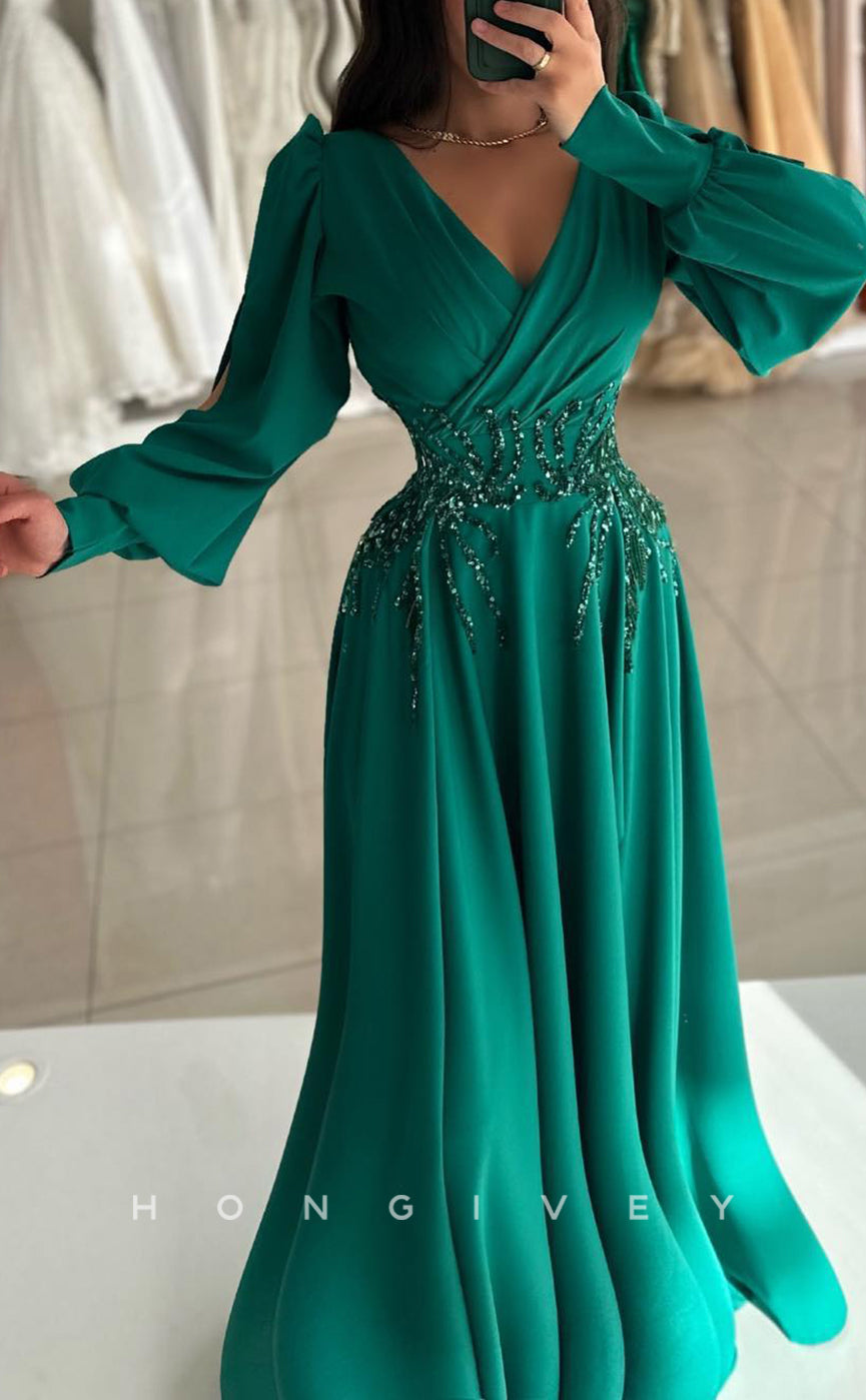 L2573 - Chic Satin A-Line V-Neck Long Sleeve Empire Beaded Appliques Ruched Party Prom Evening Dress