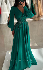 L2573 - Chic Satin A-Line V-Neck Long Sleeve Empire Beaded Appliques Ruched Party Prom Evening Dress