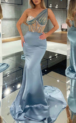 L2575 - One Shoulder Illusion Empire Beaded Appliques Sexy Satin Trumpet Party Prom Evening Dress