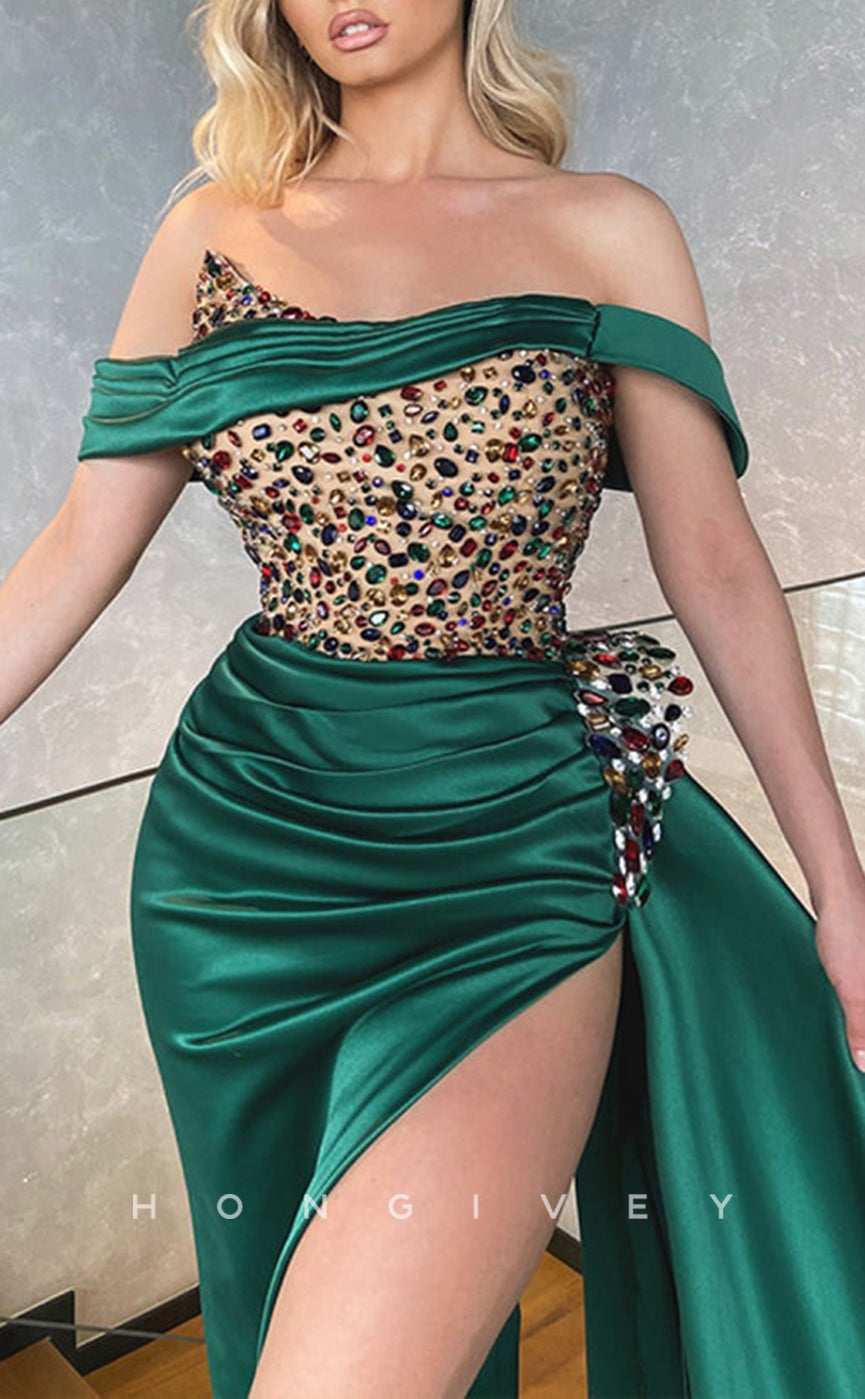 L2576 - Off-Shoulder Empire Beaded Appliques Ruched Satin With Side Slit Party Prom Evening Dress