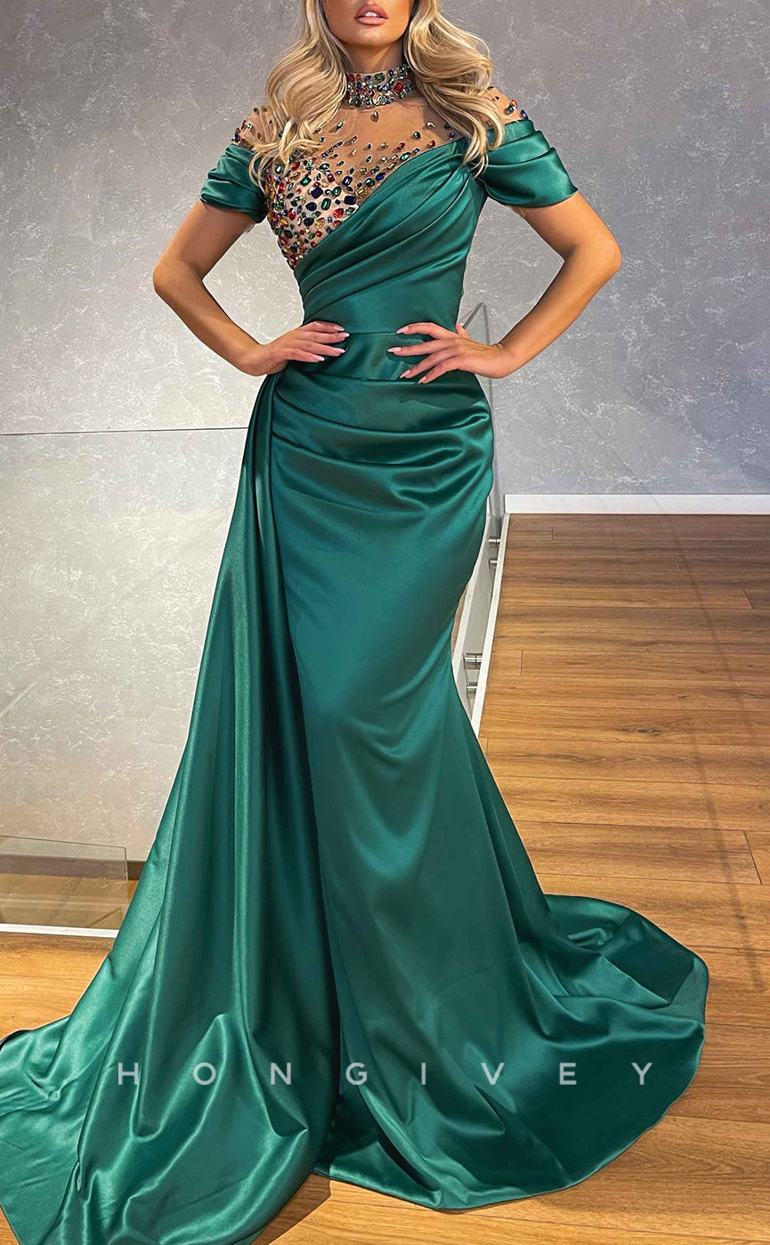 L2577 - Sexy Satin Trumpet High Neck Short Sleeves Empire Beaded Ruched With Train Party Prom Evening Dress
