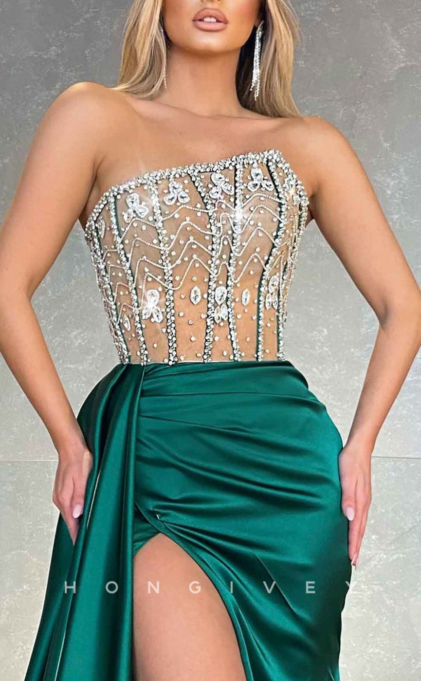 L2579 - Satin A-Line Asymmetrical Strapless Glitter Beaded Appliques Ruched With Side Slit Party Prom Evening Dress