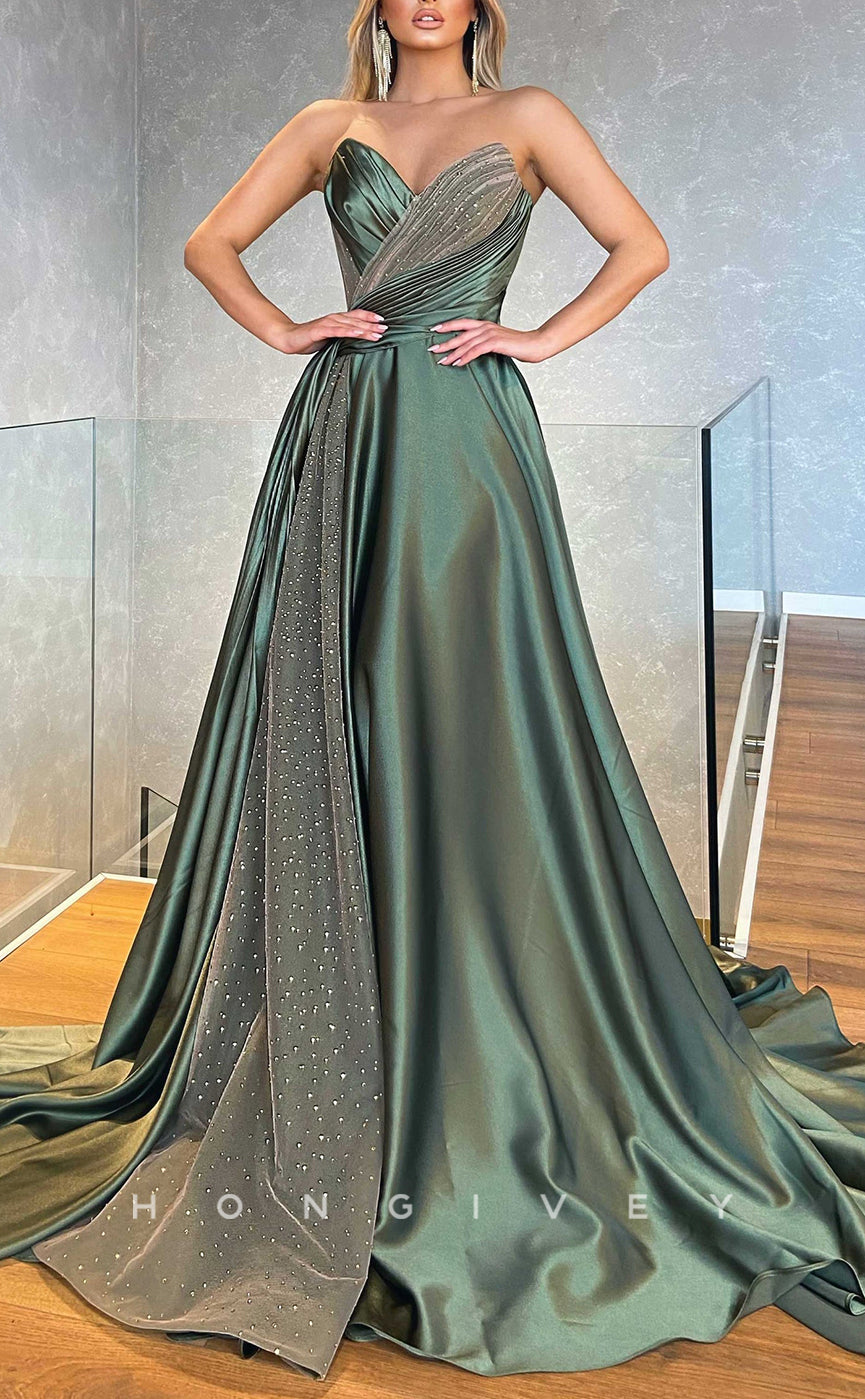 L2581 - Chic Satin A-Line V-Neck Sleeveless Empire Beaded Ruched With Train Party Prom Evening Dress