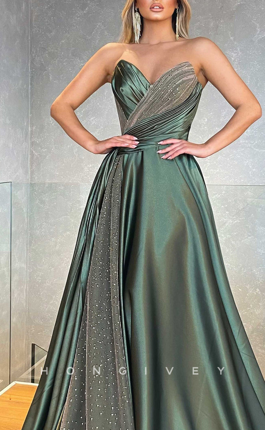 L2581 - Chic Satin A-Line V-Neck Sleeveless Empire Beaded Ruched With Train Party Prom Evening Dress