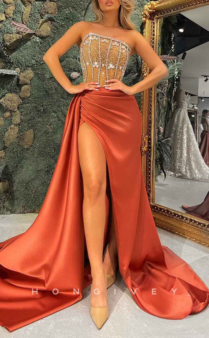 L2586 - Asymmetrical Strapless Empire Beaded Appliques Ruched With Side Slit Train Sexy Party Prom Evening Dress