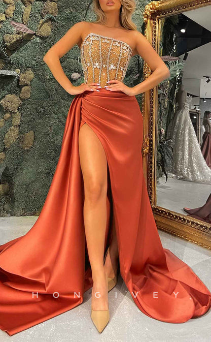 L2586 - Asymmetrical Strapless Empire Beaded Appliques Ruched With Side Slit Train Sexy Party Prom Evening Dress