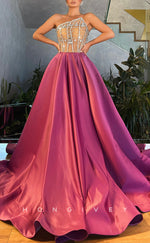 L2587 - Asymmetrical Strapless Empire Beaded Appliques With Train Chic Satin Party Prom Evening Dress