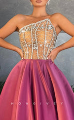 L2587 - Asymmetrical Strapless Empire Beaded Appliques With Train Chic Satin Party Prom Evening Dress