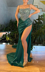 L2590 - Glitter Satin Fitted Square Spaghetti Straps Empire Beaded Ruched With High Slit Train Party Prom Evening Dress