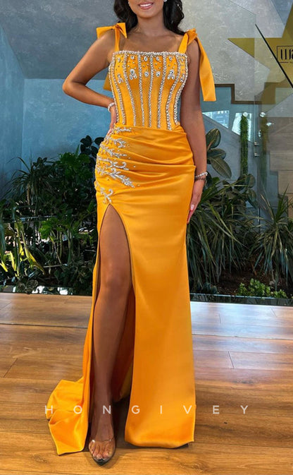 L2591 - Chic Square Strappy Empire Beaded Pleats With Side Slit Train Satin Fitted Party Prom Evening Dress