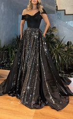 L2596 - Chic Satin A-Line Asymmetrical Off-Shoulder Empire Beaded Appliques With Pockets Party Prom Evening Dress