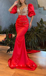 L2597 - Sexy Satin Trumpet V-Neck Puff Sleeves Empire Beaded Pleats With Train Party Prom Evening Dress