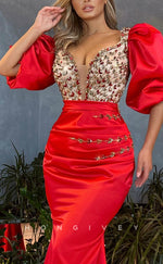 L2597 - Sexy Satin Trumpet V-Neck Puff Sleeves Empire Beaded Pleats With Train Party Prom Evening Dress