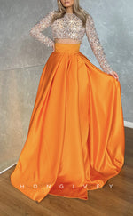 L2598 - Satin A-Line High Neck Long Sleeve Glitter Two Tone With Train Chic Party Prom Evening Dress