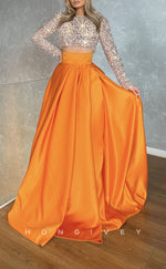 L2598 - Satin A-Line High Neck Long Sleeve Glitter Two Tone With Train Chic Party Prom Evening Dress