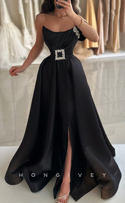 L2609 - Sexy Satin A-Line One Shoulder Empire Beaded Belt With Side Slit Train Party Prom Evening Dress