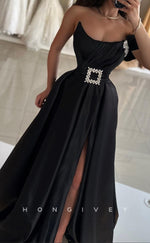 L2609 - Sexy Satin A-Line One Shoulder Empire Beaded Belt With Side Slit Train Party Prom Evening Dress