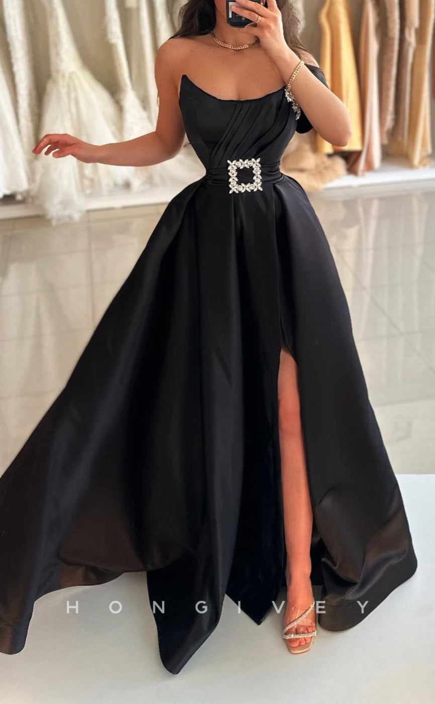 L2609 - Sexy Satin A-Line One Shoulder Empire Beaded Belt With Side Slit Train Party Prom Evening Dress