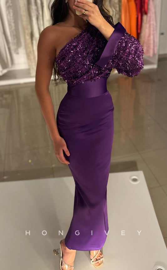 L2611 - Elegant Satin Fitted One Shoulder Sequined Long Sleeve Empire Party Prom Evening Dress