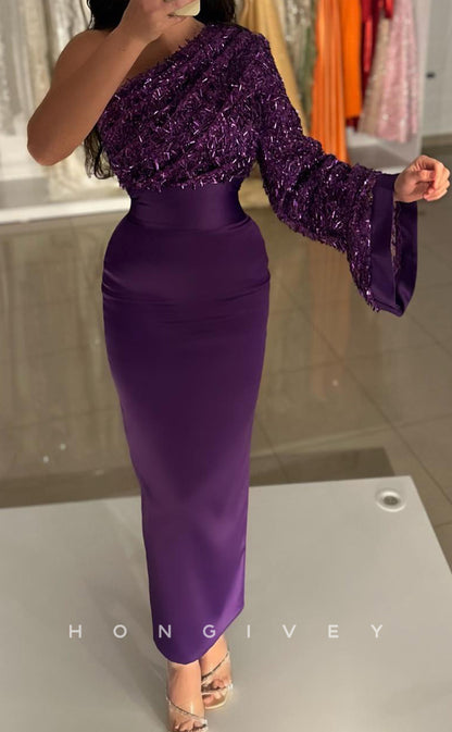 L2611 - Elegant Satin Fitted One Shoulder Sequined Long Sleeve Empire Party Prom Evening Dress