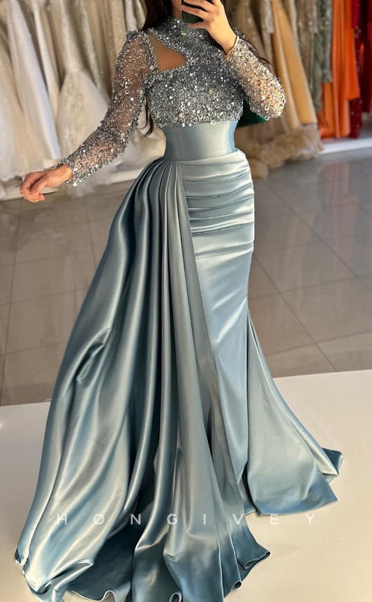 L2612 - Modern Satin Fitted High Neck Long Sleeves Ruched Sequined With Train Party Prom Evening Dress