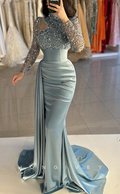 L2612 - Modern Satin Fitted High Neck Long Sleeves Ruched Sequined With Train Party Prom Evening Dress