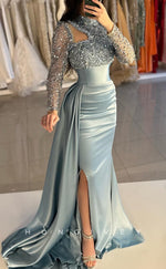 L2612 - Modern Satin Fitted High Neck Long Sleeves Ruched Sequined With Train Party Prom Evening Dress