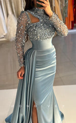 L2612 - Modern Satin Fitted High Neck Long Sleeves Ruched Sequined With Train Party Prom Evening Dress