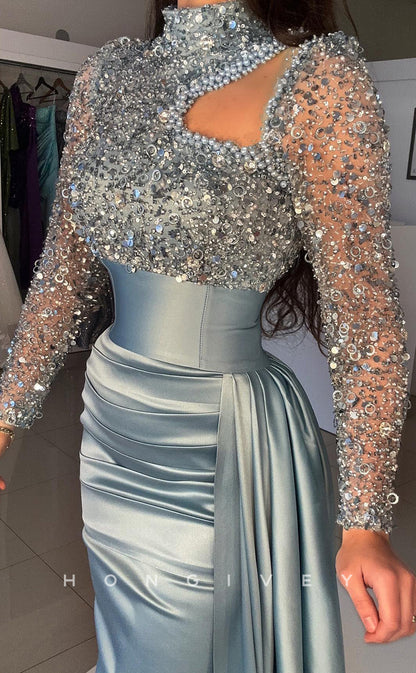 L2612 - Modern Satin Fitted High Neck Long Sleeves Ruched Sequined With Train Party Prom Evening Dress
