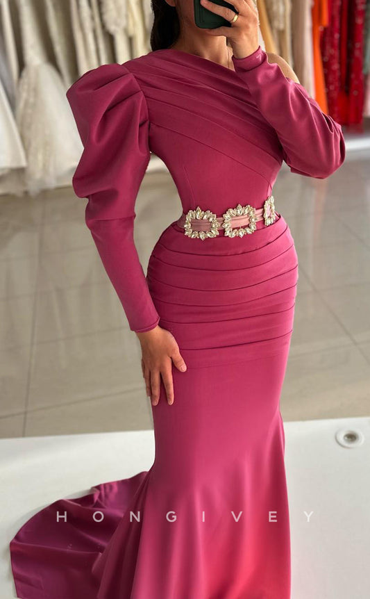 L2613 - Simple Satin Trumpet Asymmetrical Long Sleeve Empire Belt With Train Party Prom Evening Dress