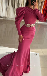 L2613 - Simple Satin Trumpet Asymmetrical Long Sleeve Empire Belt With Train Party Prom Evening Dress