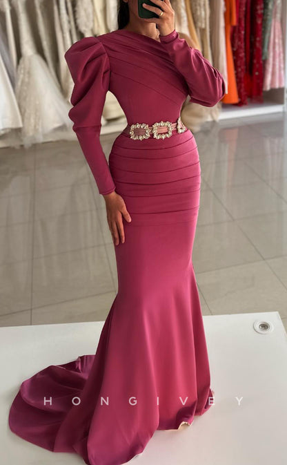 L2613 - Simple Satin Trumpet Asymmetrical Long Sleeve Empire Belt With Train Party Prom Evening Dress