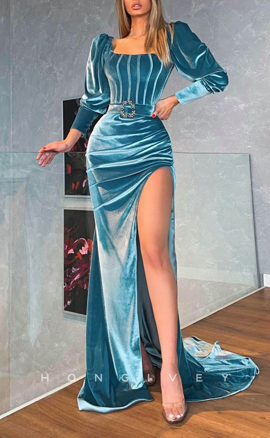 L2614 - Sexy Satin Fitted Square Long Sleeve Empire Ruched With Side Slit Train Party Prom Evening Dress