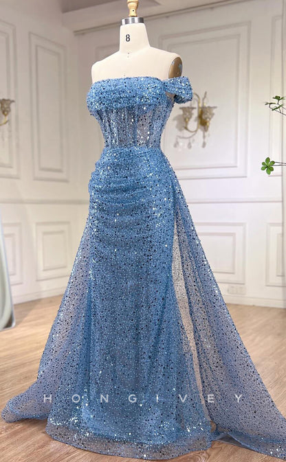 L2617 - Sexy Glitter Sequined Off-Shoulder A-Line Empire Pleats With Train Party Prom Evening Dress
