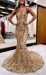 L2619 - Sexy Satin Glitter Trumpet V-Neck Straps Sequined Appliques With Train Party Prom Evening Dress