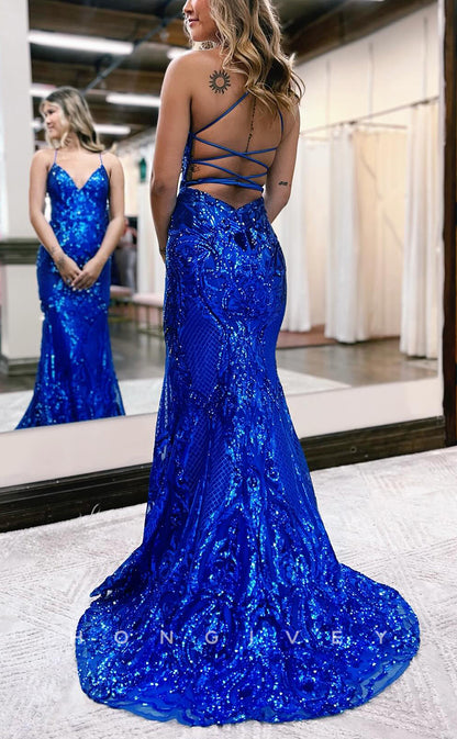 L2620 - Modern Trumpet V-Neck Spaghetti Straps Sequined Appliques With Train Party Prom Evening Dress