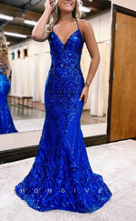 L2620 - Modern Trumpet V-Neck Spaghetti Straps Sequined Appliques With Train Party Prom Evening Dress