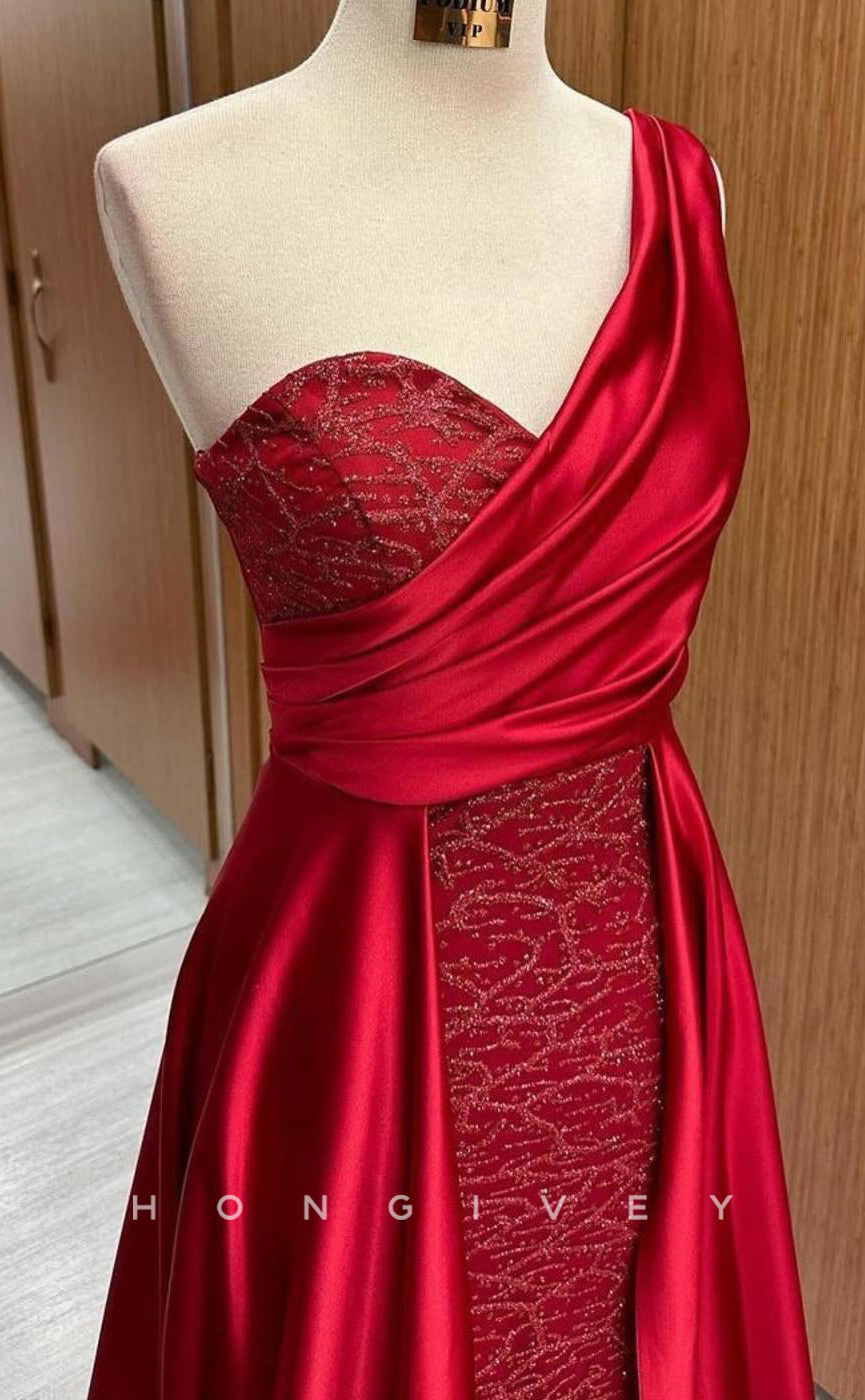 L2622 - Elegant Satin A-Line One Shoulder Empire Beaded Appliques Two Tone Party Prom Evening Dress
