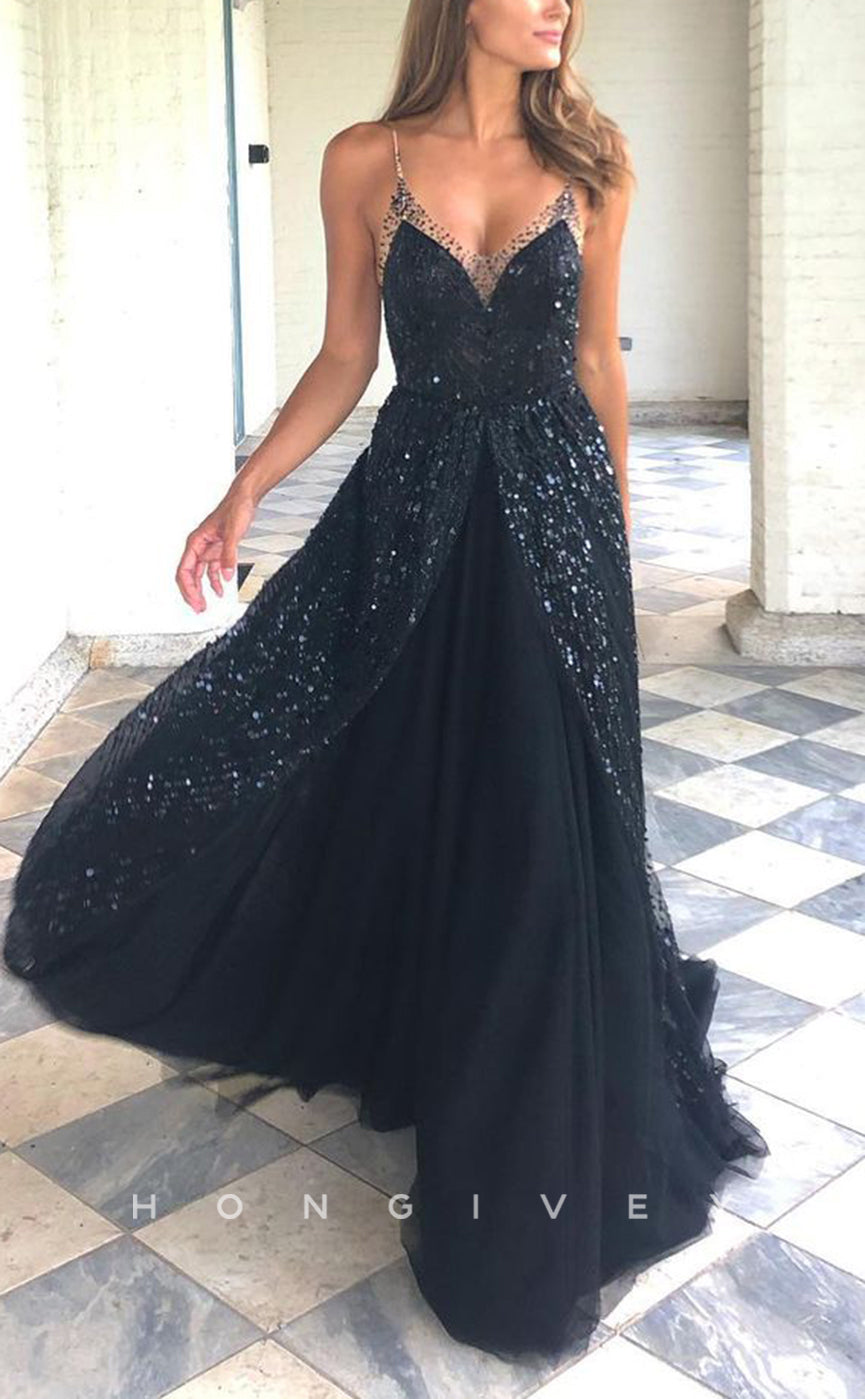 L2628 - Chic Tulle A-Line V-Neck Spaghetti Straps Empire Sequined With Train Party Prom Evening Dress