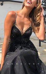 L2628 - Chic Tulle A-Line V-Neck Spaghetti Straps Empire Sequined With Train Party Prom Evening Dress