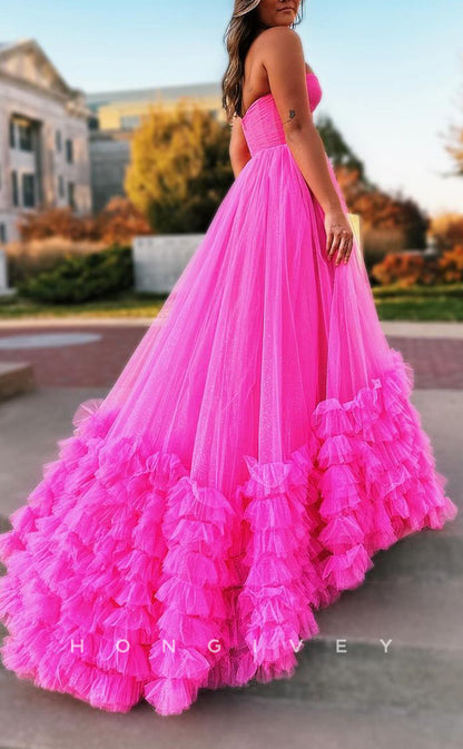 L2629 - Casual Tulle A-Line Sweetheart Strapless Empire Tiered With Train Party Prom Evening Dress