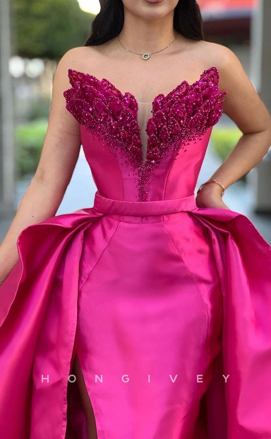 L2631 - Chic Satin A-Line Sweetheart Strapless Empire Beaded With Side Slit Train Party Prom Evening Dress