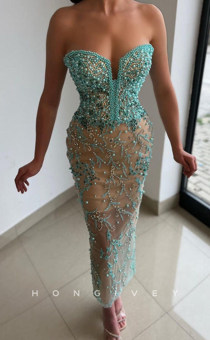 L2632 - Sweetheart Strapless Sexy Lace Fitted  Beaded Appliques Party Prom Evening Dress