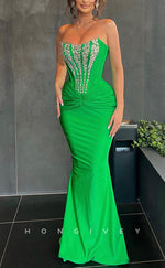 L2633 - Bateau Strapless Satin Trumpet Empire Beaded Ruched Chic Party Prom Evening Dress