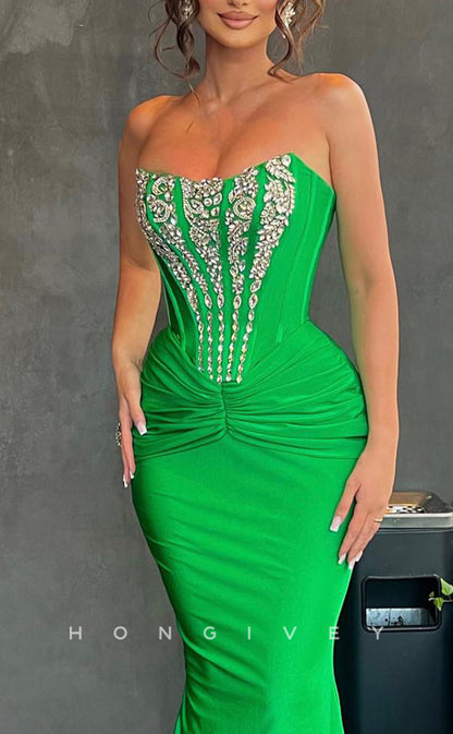 L2633 - Bateau Strapless Satin Trumpet Empire Beaded Ruched Chic Party Prom Evening Dress