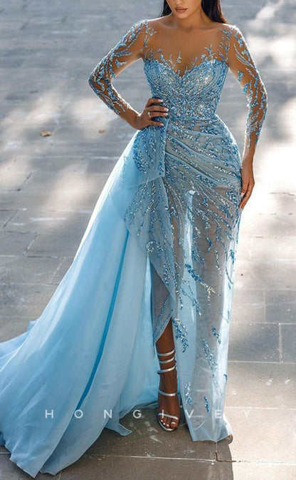 L2636 - Glamorous Glitter Scoop Long Sleeve Empire Sequined Appliques Sheer Party Prom Evening Dress