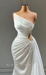 L2639 - Elegant Satin A-Line One Shoulder Empire Illusion Beaded Ruched With Train Party Prom Evening Dress