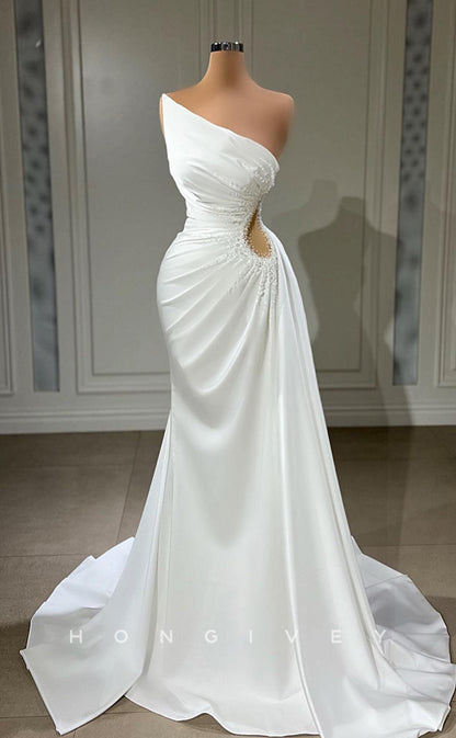 L2639 - Elegant Satin A-Line One Shoulder Empire Illusion Beaded Ruched With Train Party Prom Evening Dress
