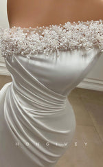 L2640 - One Shoulder Strapless Empire Beaded Pleats With Train Chic Satin Fitted Party Prom Evening Dress