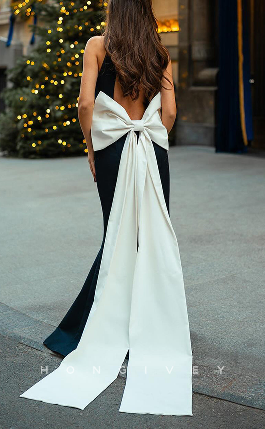 L2642 - Simple Satin Trumpet Round Sleeveless Empire Bowknot With Train Party Prom Evening Dress